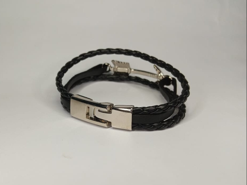 Sterling Silver Anchor Black Leather Bracelet.