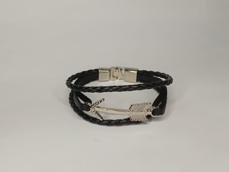 Sterling Silver Anchor Black Leather Bracelet.