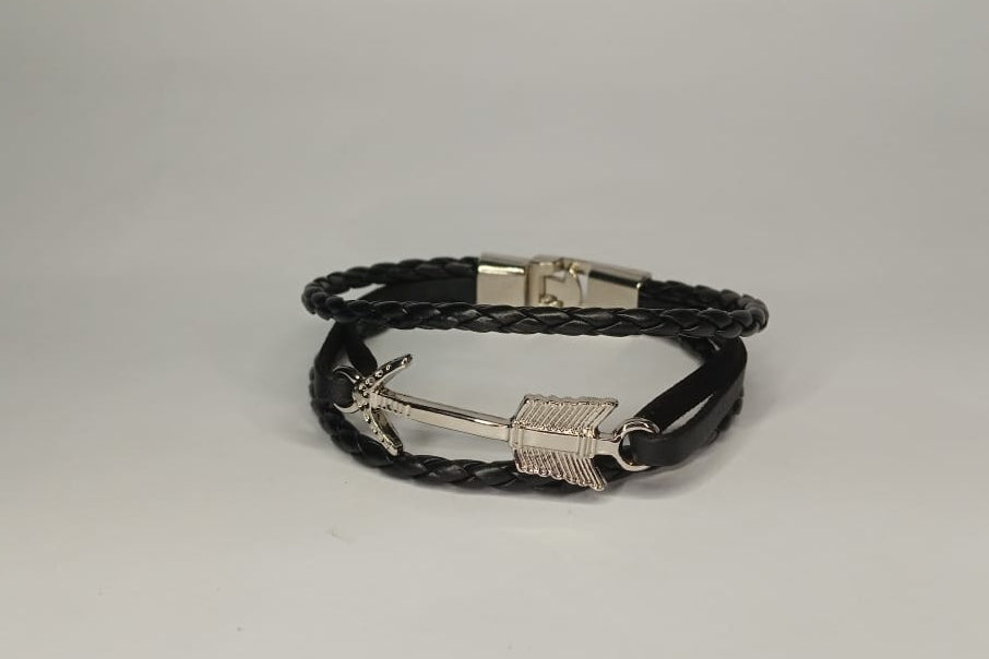 Sterling Silver Anchor Black Leather Bracelet.